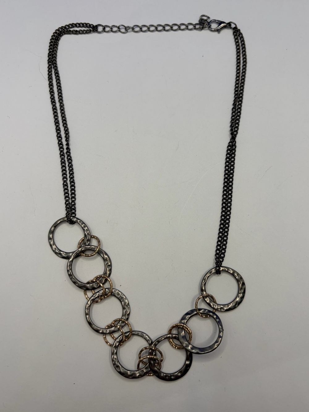 Mixed Metal Hammered Circle Statement Necklace Silver Gold Tone Layered Chain
